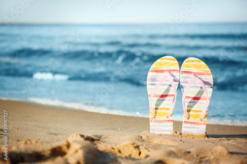 Stylish flip flops on sand near sea  space for text. Beach accessories