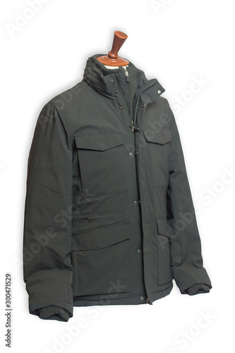 Close up on a man winter jacket, isolated on white background with clippng path. Nothing else is visible in the frame. photo