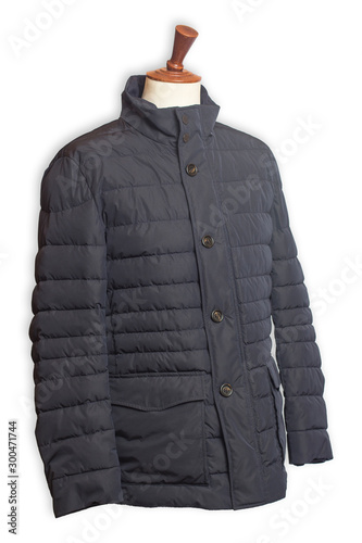 Close up on a man winter jacket, isolated on white background with clippng path. Nothing else is visible in the frame. photo