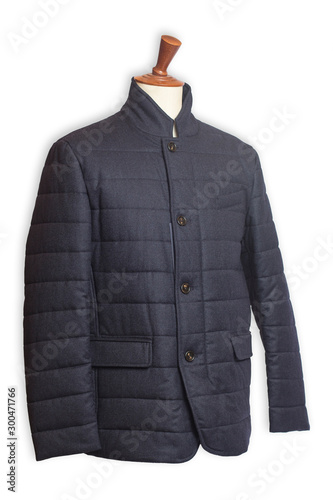 Close up on a man winter jacket, isolated on white background with clippng path. Nothing else is visible in the frame. photo