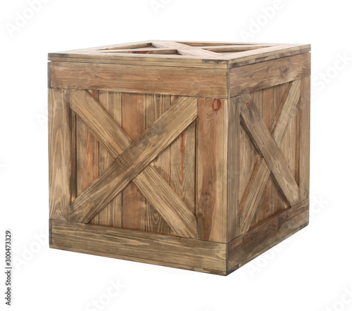 Old closed wooden crate isolated on white photo
