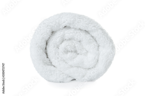 Rolled soft terry towel on white background