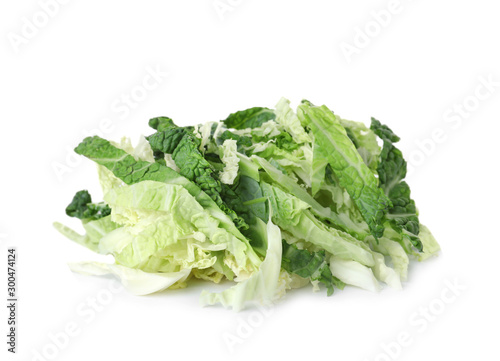 Pile of chopped fresh savoy cabbage on white background
