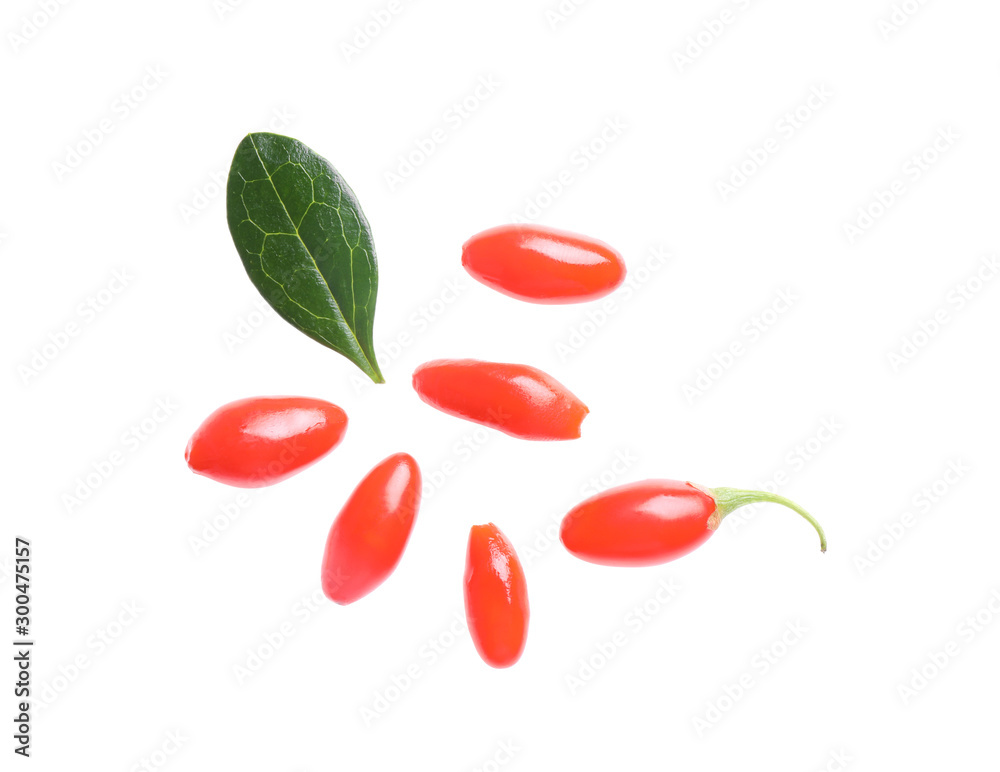Fresh ripe goji berries and leaf on white background, top view Fresh ripe goji berries and leaf on white background, top view