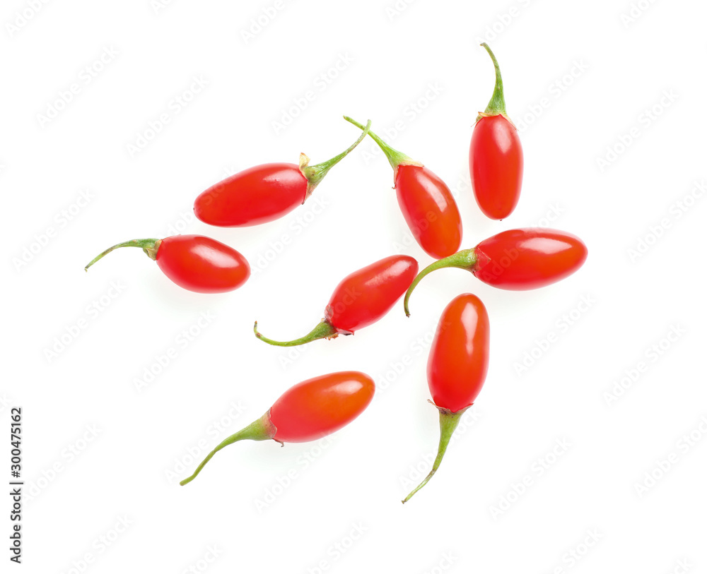 Fresh ripe goji berries on white background, top view Fresh ripe goji berries on white background, top view