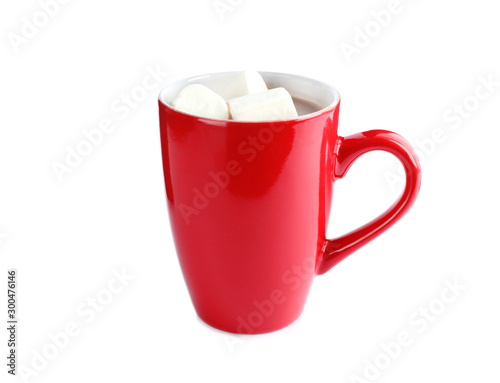 Cup of tasty cocoa with marshmallows on white background