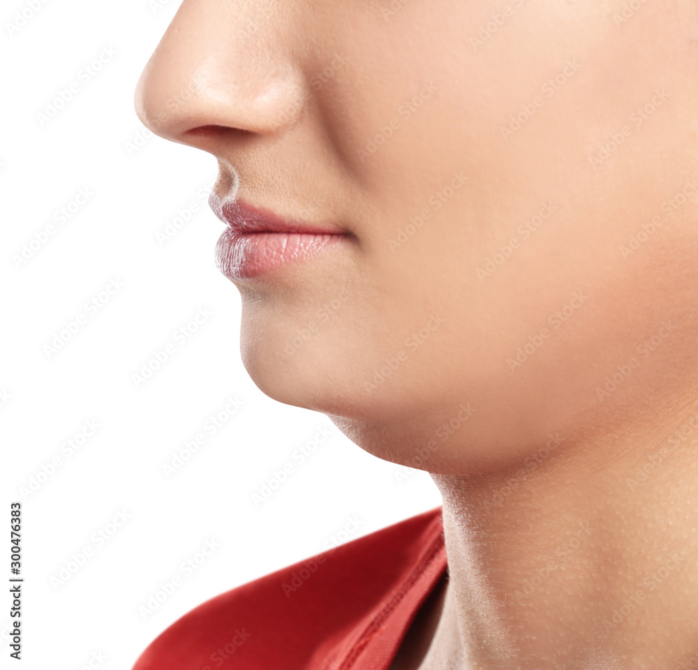 Obraz premium Young woman with double chin on white background, closeup