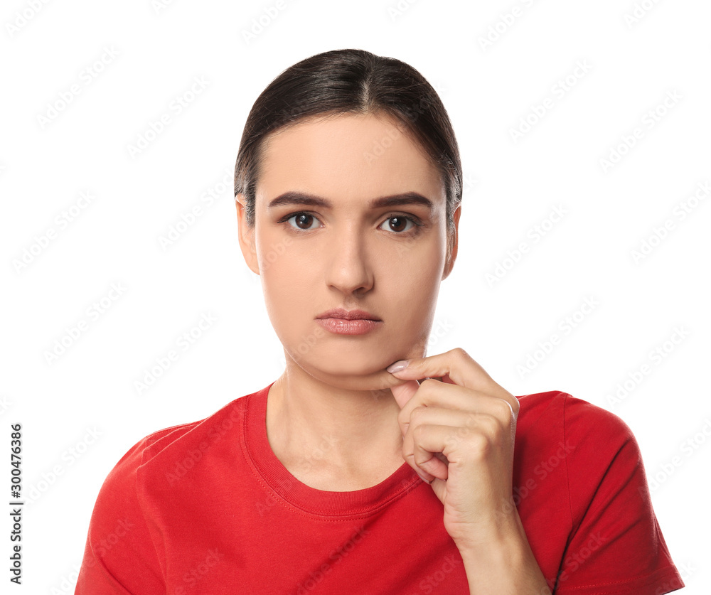 Young woman with double chin on white background Young woman with double chin on white background