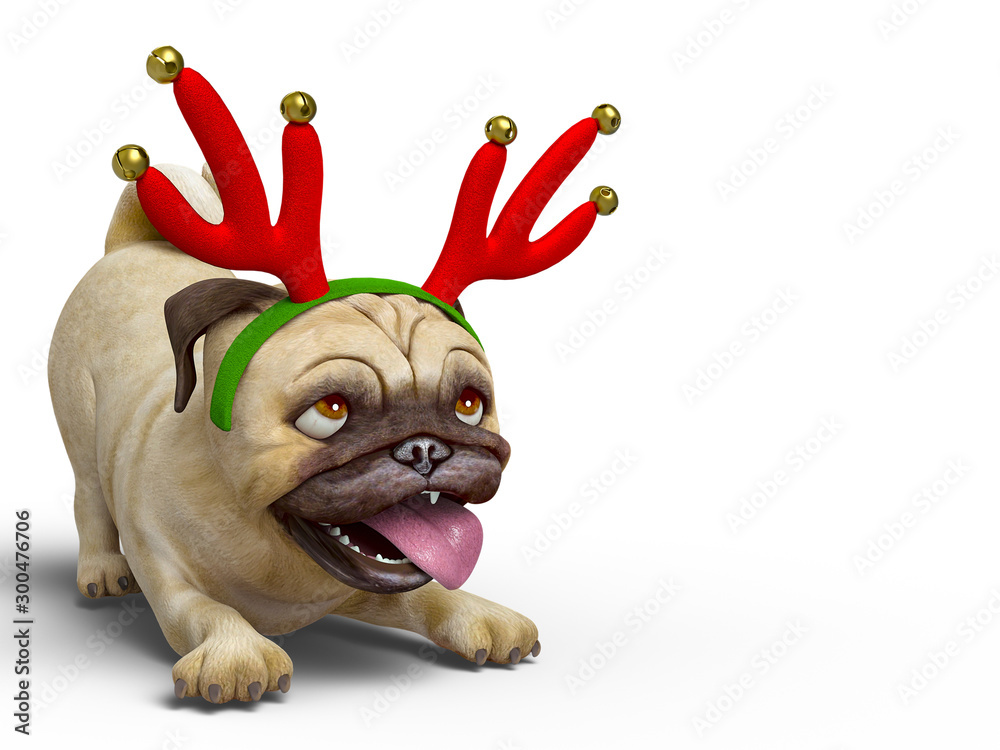 dog pug cartoon with a christmas hat wants to party with a copy space - obrazy, fototapety, plakaty 