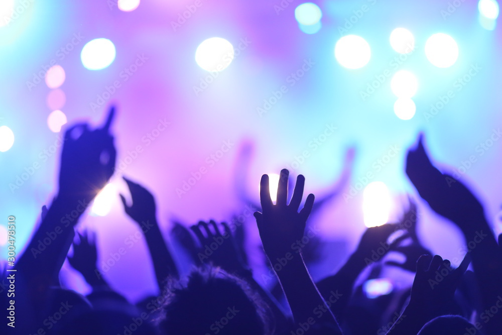 Background Music and Events. Mains agitées, la foule danse avec la musique,  éclairage violet et bleu. Ambiance de fête durant un Festival et Concert de  Musique. Stock Photo