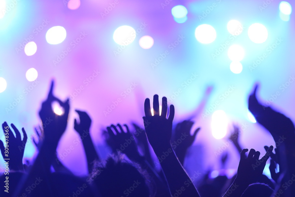 Background Music and Events. Ambiance de fête durant un Festival et Concert  de Musique. Mains agitées, la foule danse avec la musique, éclairage bleu  et violet. Stock Photo