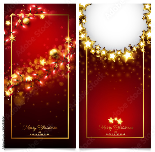 red luxury Christmas invitation card consist of golden ornaments such as stars,balls and fairy particles falling from each decoration