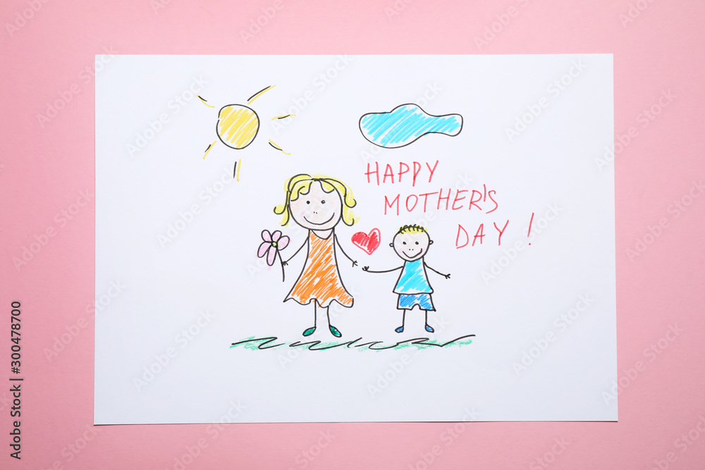 Handmade greeting card for Mother's Day on pink background, top view