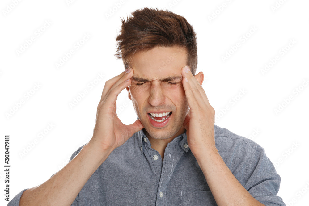 Man suffering from headache on white background Man suffering from headache on white background