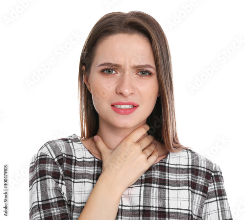 woman suffering from throat pain on white background