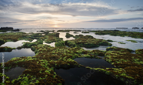 Bali island landscape sunset seaside view. Rock with seawead and black sand in long exposure