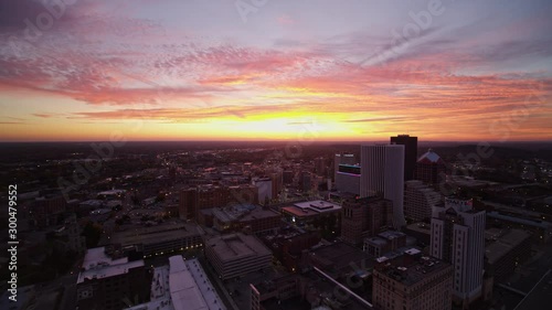 Rochester New York Aerial v21 Fast ascending reverse cityscape skyline view at dawn sunrise - October 2017 photo