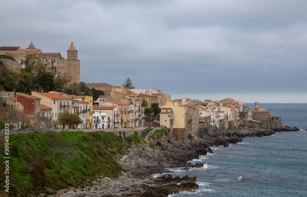 Cityscape of Céfalu on a cloudy winter morning