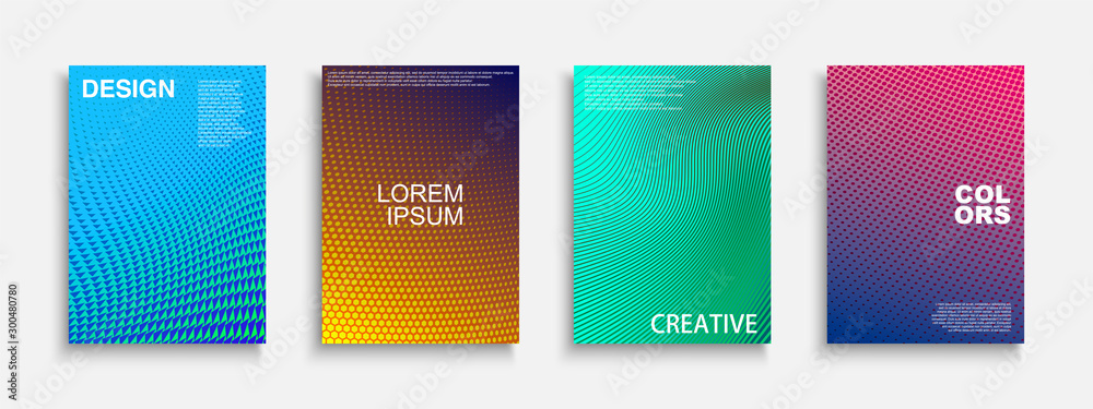 Collection of vector bright abstract contemporary templates, posters, placards, brochures, banners, flyers, backgrounds and etc. Colorful gradient dotted covers - trendy geometric vibrant design