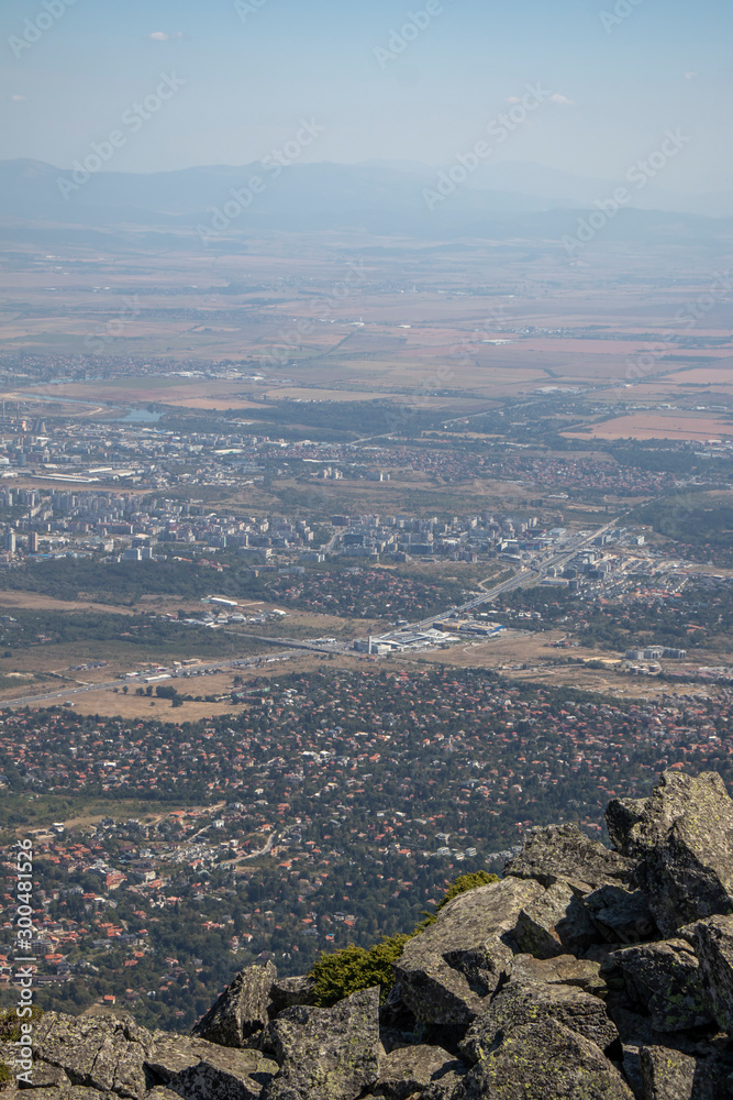 Fototapeta premium Panorama of city of Sofia from Kamen Del Peak, Bulgaria