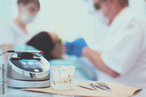 Dental equipment tools dentist medicine on desk photo