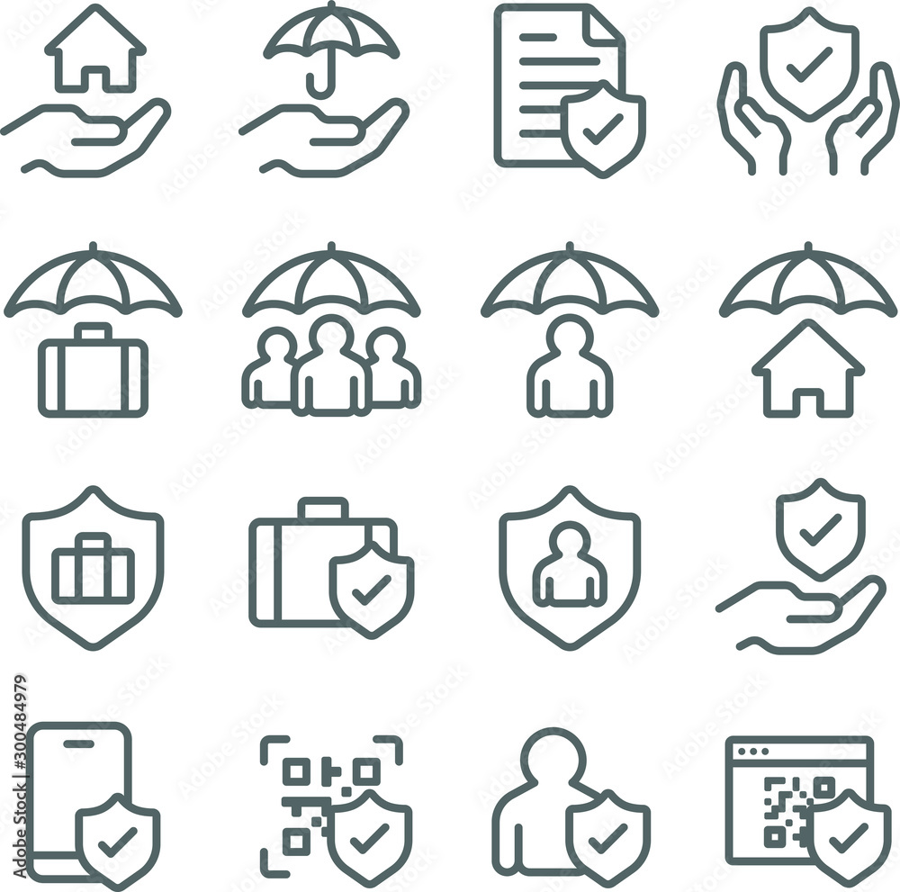 Insurance icons set vector illustration. Contains such icon as Life insurance, Protection, Cyber Security, Health care and more. Expanded Stroke Insurance icons set vector illustration. Contains such icon as Life insurance, Protection, Cyber Security, Health care and more. Expanded Stroke