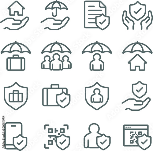 Insurance icons set vector illustration. Contains such icon as Life insurance, Protection, Cyber Security, Health care and more. Expanded Stroke