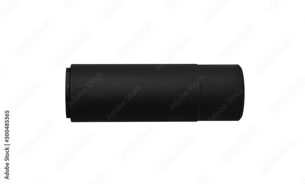 Black silencer for weapons. Suppressor that is at the end of an assault rifle. Black silencer for weapons. Suppressor that is at the end of an assault rifle.