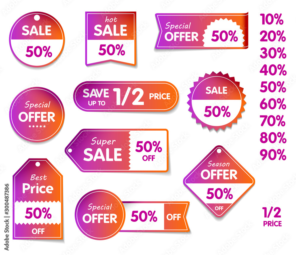 Fototapeta premium VECTOR isolated Set of price sale tags with text. Special offer, hot sale, best price, season offer.