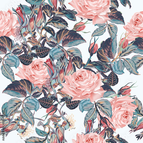 Beautiful vector elegant flower pattern with pink vintage, watercolor style r...
