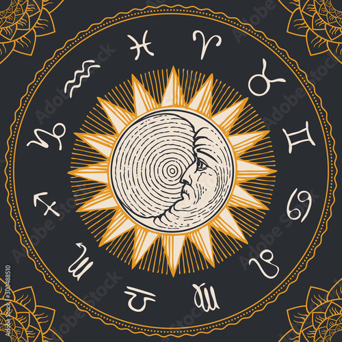 Vector circle of the Zodiac signs in retro style with hand-drawn Sun, crescent Moon and floral patterns in the corners. Horoscope circle with twelve symbols for astrological forecasts