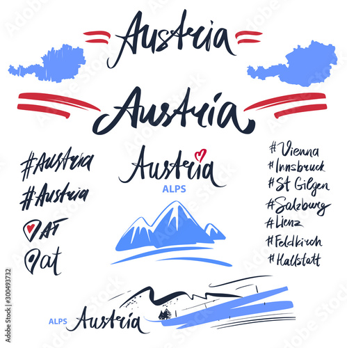 Austria. Handwritten name country, town, city. Template isolated word text. Abstract silhouette territory. Design modern lettering, hashtag. Vector illustration