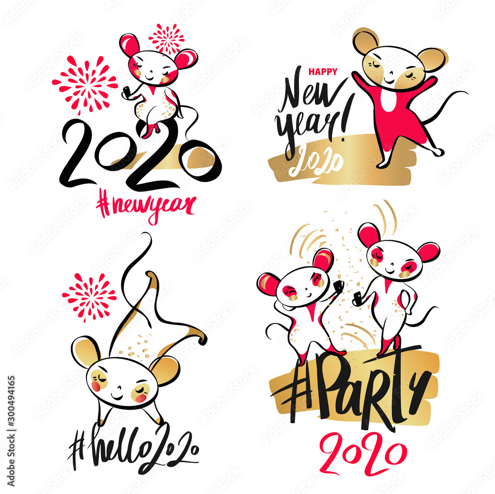 Trend hashtag. Happy new year 2020. Template design card, invitation for Happy new year party with white rat, mice. Funny sketch mouse with long tail. Vector illustration