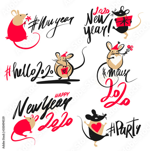 Trend hashtag mouse and happy new year 2020.  Funny sketch mouse with long tail. Template design card, invitation for Happy new year party with white rat, mice.