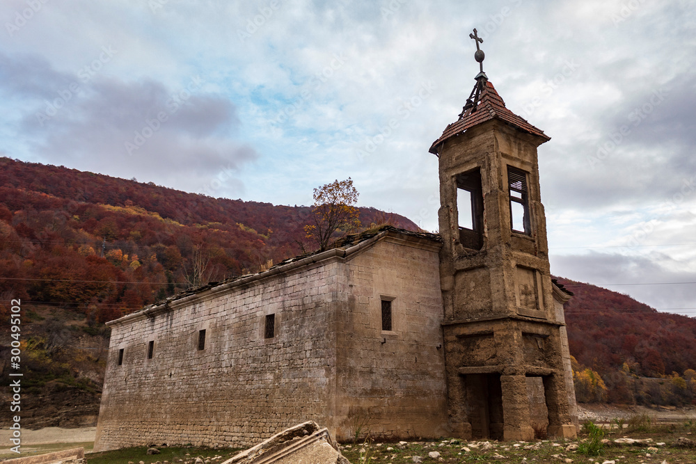 the sunken and destroyed church of St. Nicholas in Mavrovo