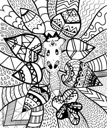 Vector illustration zentagl  hedgehog and fox sleeping in the flowers. Doodle drawing. Meditative exercises. Coloring book anti stress for adults and children.