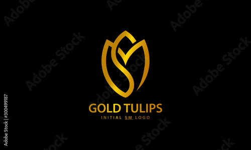 Gold Tulips Letter SM Logo Design photo