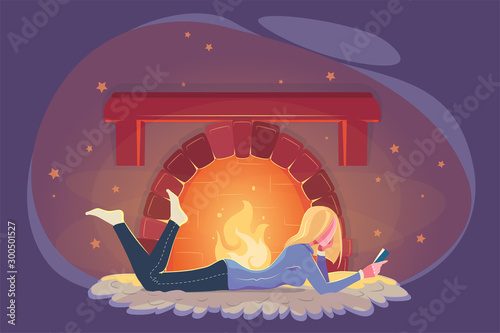 Girl read book in winter by fireplace. Cold weather illustration. Modern education concept. Cozy winter modern design. Young woman studying by fireside, flat style. Relax, cozy evening, home comfort