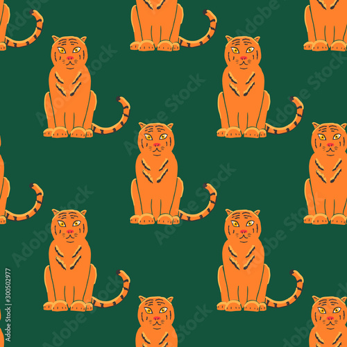 Tiger Seamless Pattern Background. Gorgeous exotic carnivorous animal with stripy coat. Graceful large wild cat or felid. Endangered species. Vector