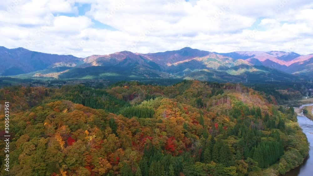 空撮　日本の秋　紅葉　自然風景