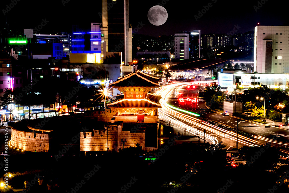 Dongdaemun at night in Seoul, South Korea.