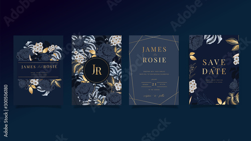 Luxury Wedding Invitation set,  invite thank you, rsvp modern card Design in Golden and white rose with leaf greenery branches  decorative Vector elegant rustic template