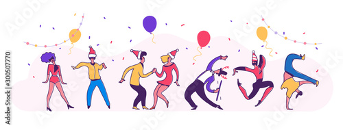 New year party dance. Happy business people at a Christmas and New Year s corporate party. Happy men and women dancing and having fun. Panoramic vector illustration.