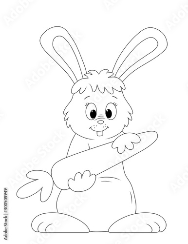 cartoon rabbit holding a big carrot. line drawing