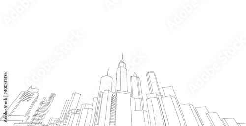 Modern city panorama 3d illustration  Cityscape sketch  Metropolis skyscraper 3D sketch  Architecture background