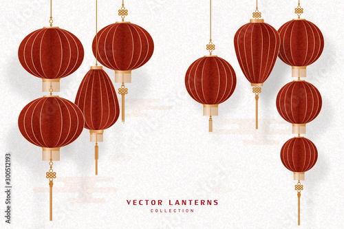 Chinese paper red lanterns hanging set isolated on old grunge background. Vector illustration.