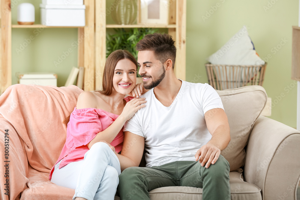 Portrait of happy young couple sitting on sofa at home
