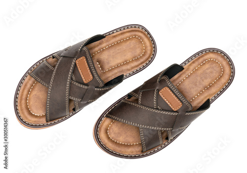 Brown leather slippers isolated on white background,top view