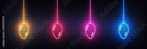 Christmas ball neon icons. Set of realistic colorful Xmas decorations glowing sign