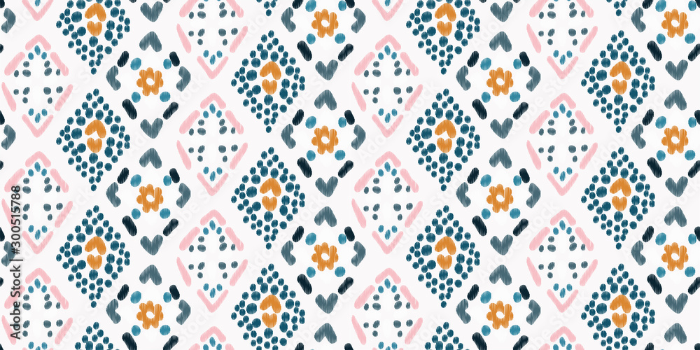 Seamless abstract pattern in pastel colors on white background. Diamonds embroidery. Folk ornament. Tribal ethnic vector texture.